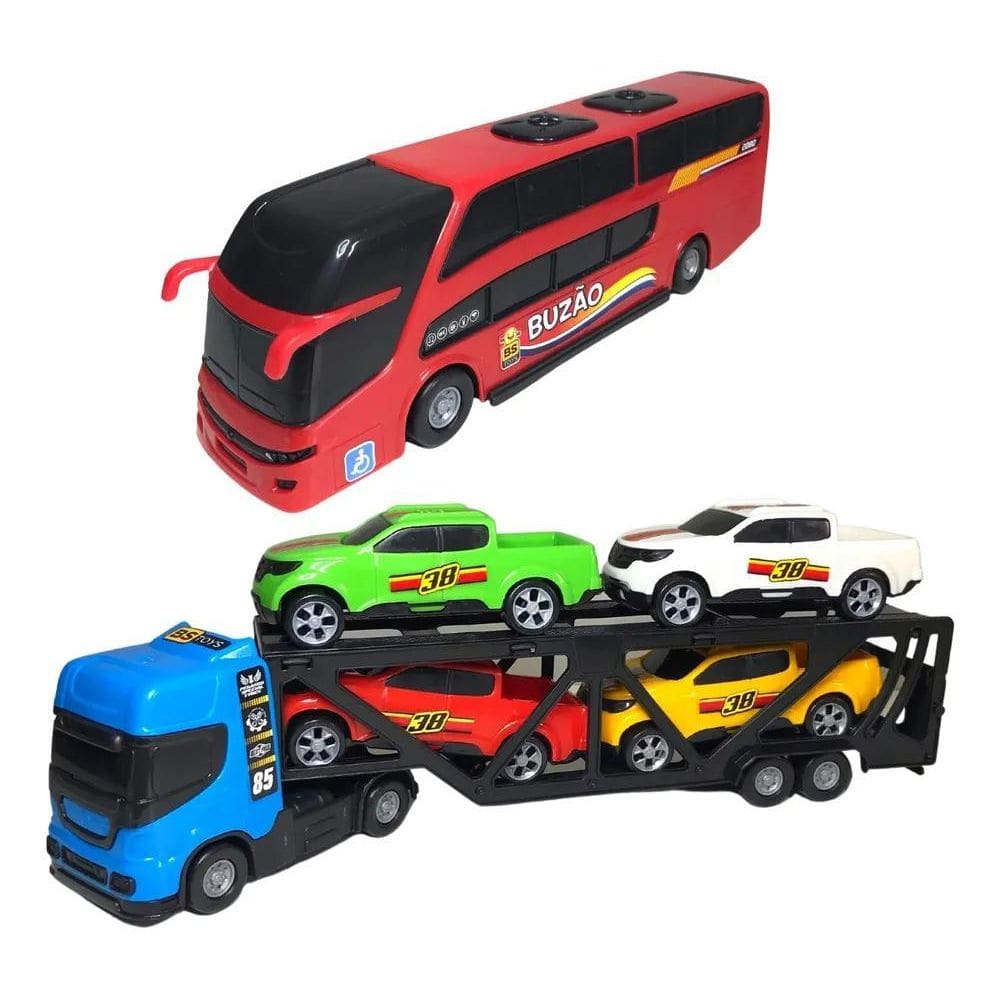 Kit Caminhao E Onibus Com 4 Carrinhos Brinquedo Menino