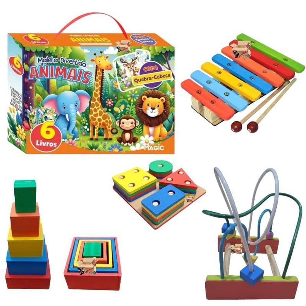Kit 5 Brinquedos Pedagógicos Em Madeira + 6 Livros Infantil