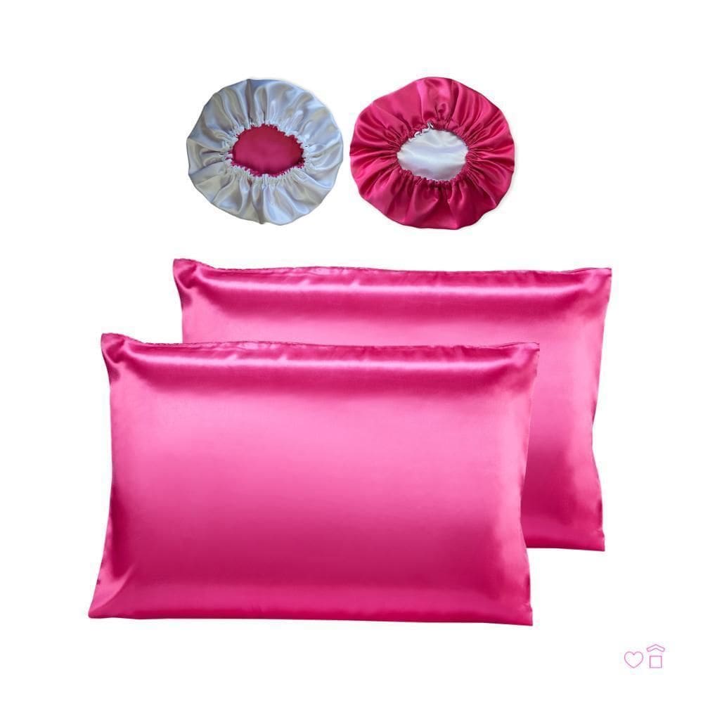 Kit 02 Fronhas E 02 Toucas Cetim Antifrizz Pink/Branco