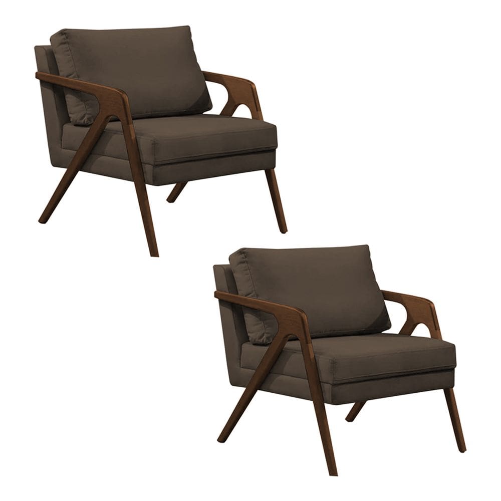 Kit 2 Poltronas Mona Monique Luxo Base Madeira Maciça Natural Veludo Marrom