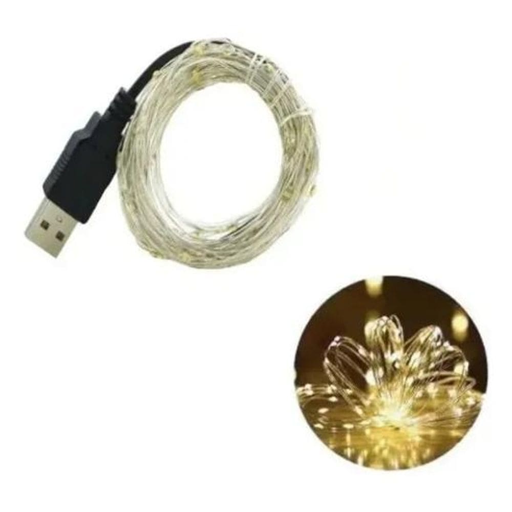 2X Fio Cobre Usb Cordão Luz Fada - 10M 100 Leds Branco Quent