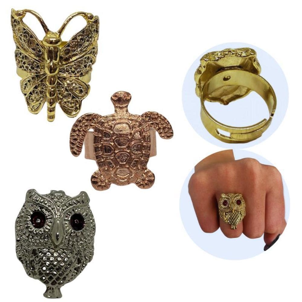Anel Ajustável Borboleta Tartaruga Coruja 2,5 Cm -Selecione