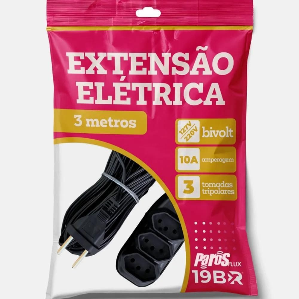 2X Extensão Elétrica 3 Metros Preto 3 Tomada Tripolar
