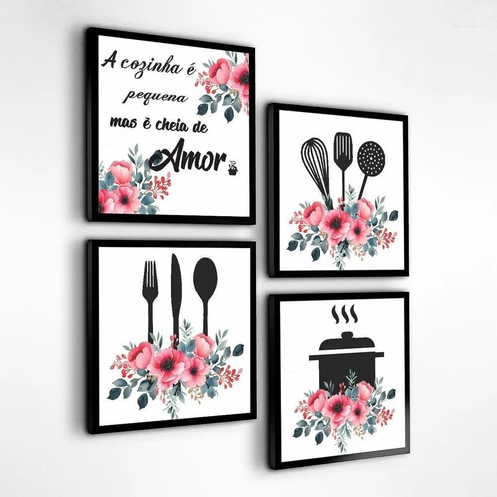 Kit 4 Quadros Cozinha Decorativos Flores Placas Quadrinho Ys