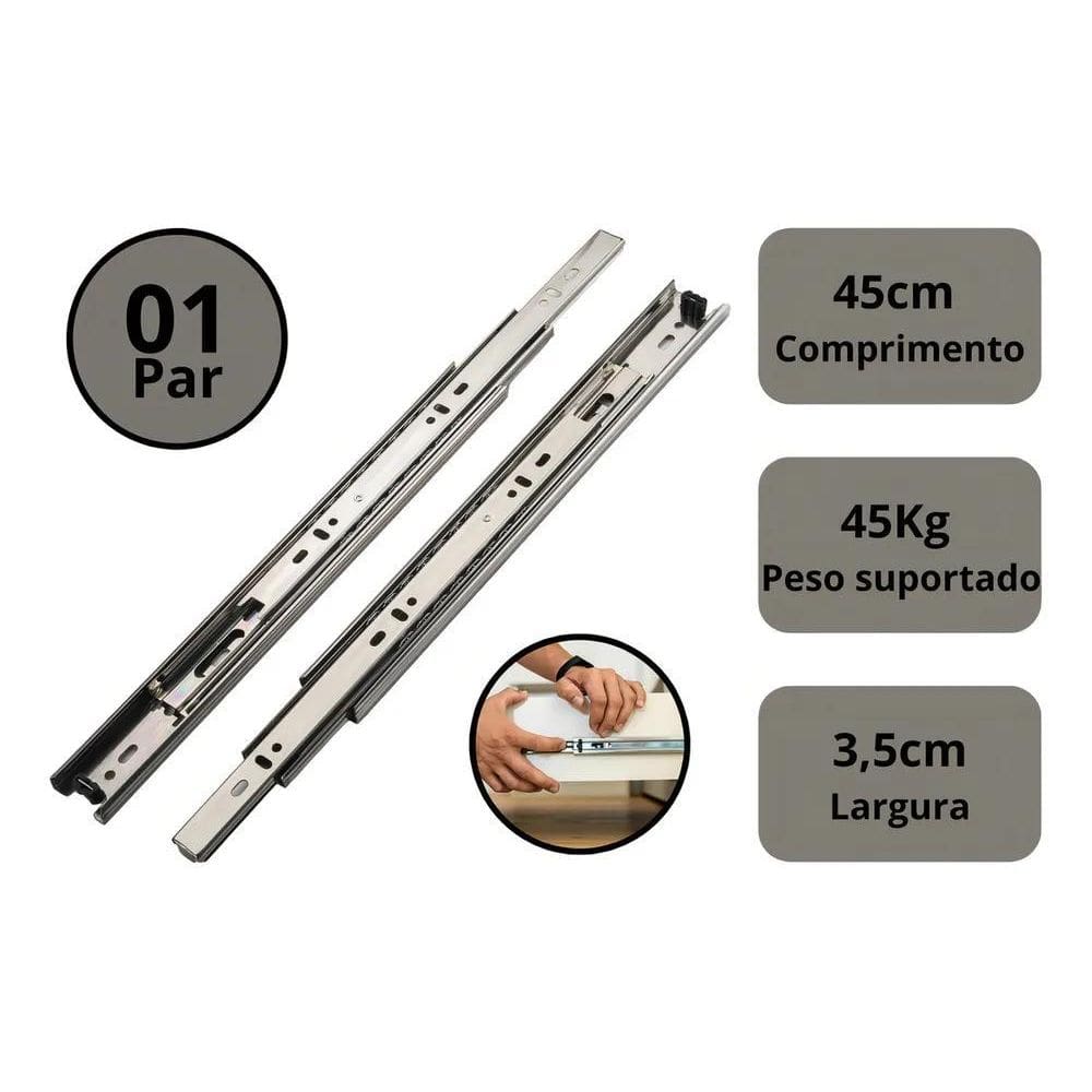 2X Corrediça Gaveta Trilho Telescópico 45Cm - 45Kg - Par Cor