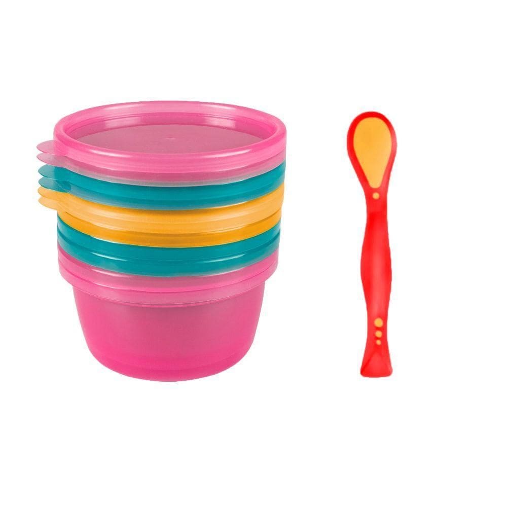 Kit 6 Potinhos Papinha E Colher Flexivel Congelar Armazenar