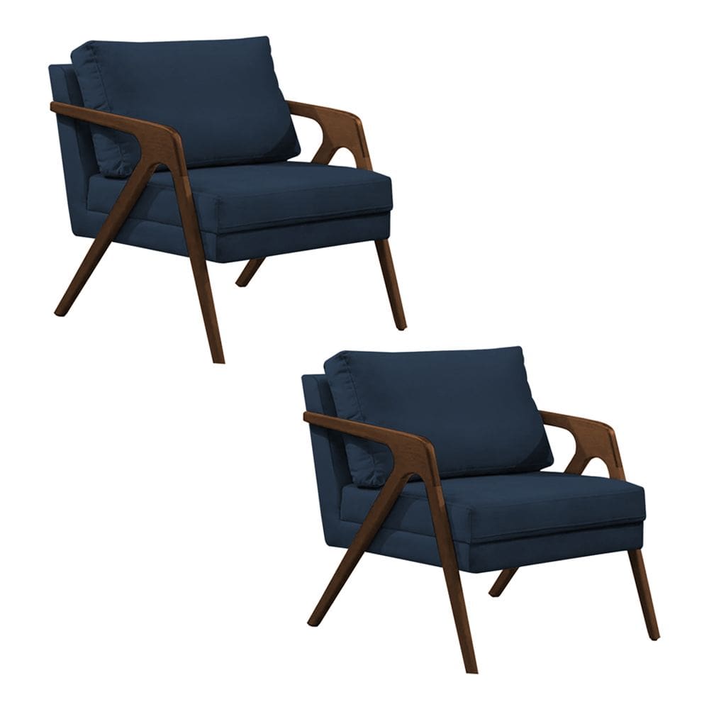 Kit 2 Poltronas Mona Monique Luxo Base Madeira Maciça Natural Veludo Azul