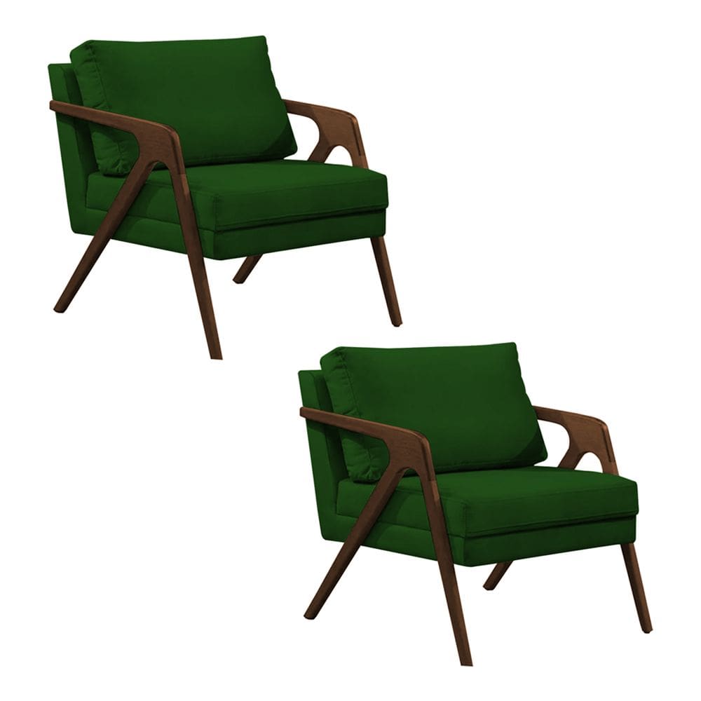Kit 2 Poltronas Mona Monique Luxo Base Madeira Maciça Natural Veludo Verde