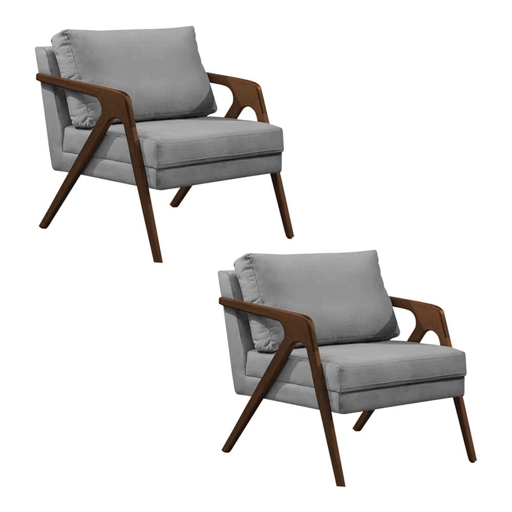 Kit 2 Poltronas Mona Monique Luxo Base Madeira Maciça Natural Veludo Cinza