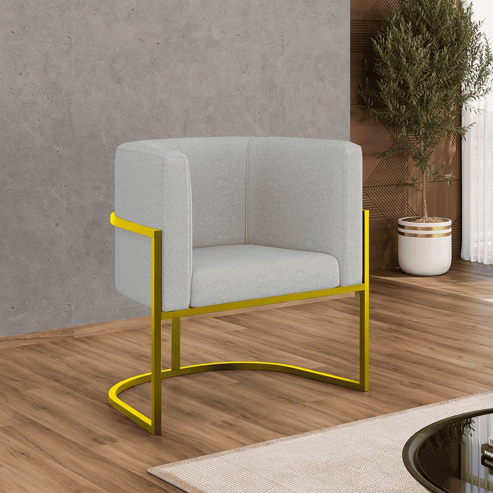 Poltrona Bouclê Decorativa Lua Recepção Base de Ferro Gold