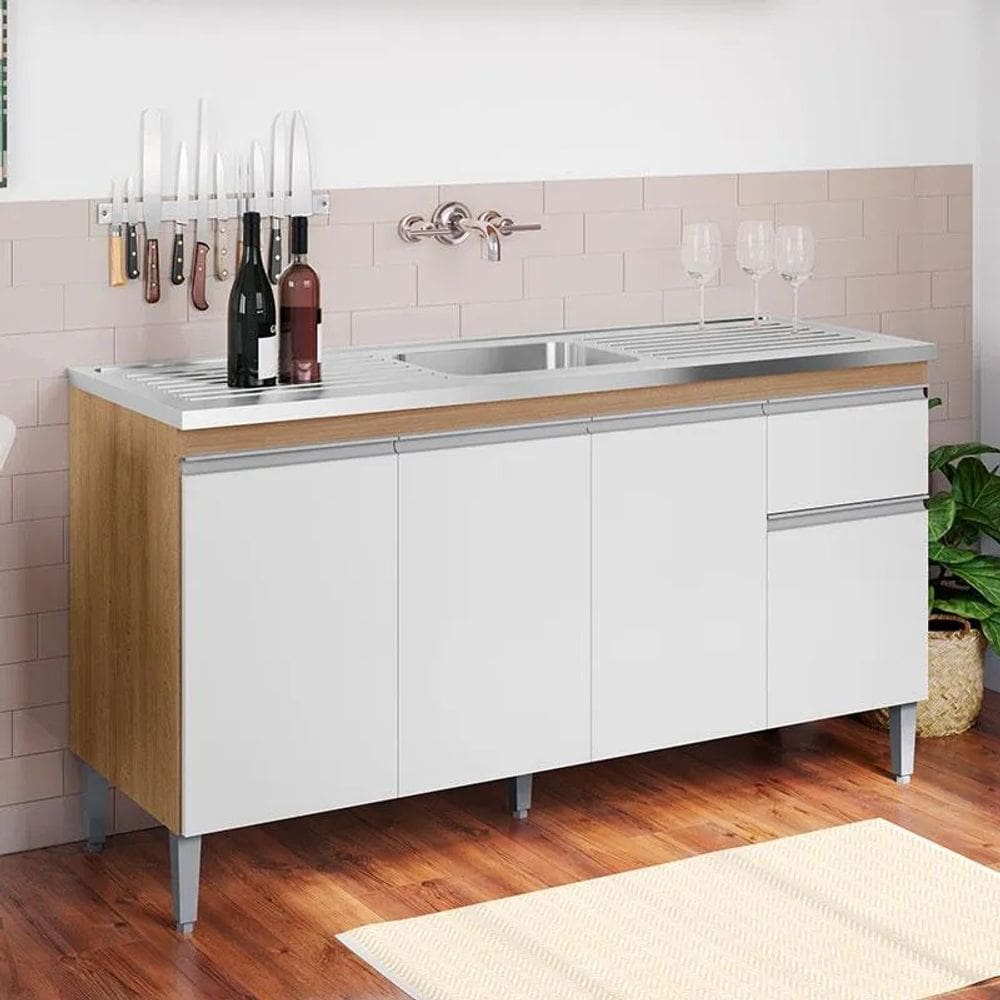 Balcão de Cozinha Tatiane 150cm Amêndoa/Branco S/Tampo - AJL Móveis