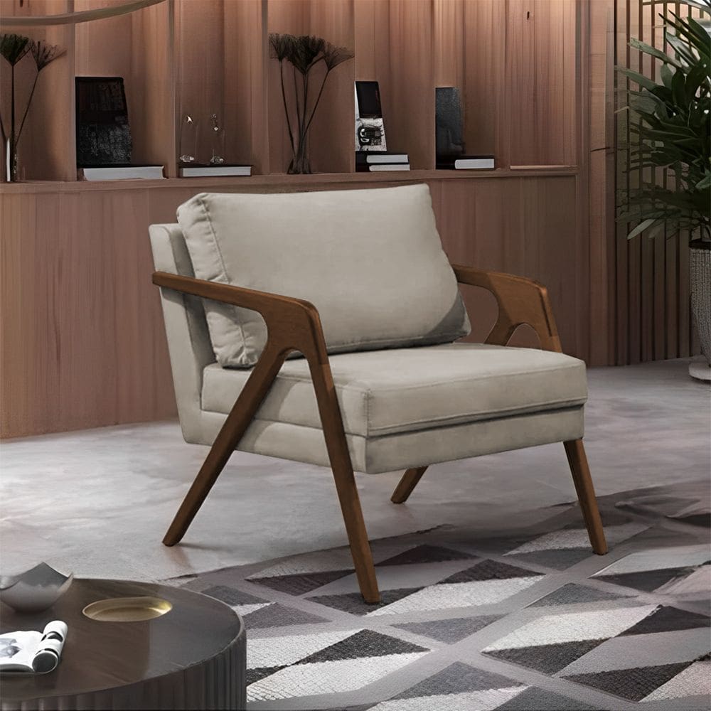 Poltrona Mona Monique Luxo Base Madeira Maciça Natural Veludo Bege