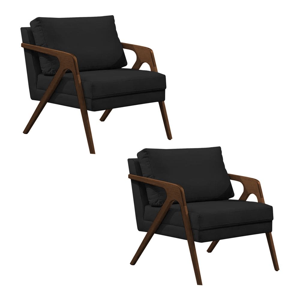 Kit 2 Poltronas Mona Monique Luxo Base Madeira Maciça Natural Veludo Preto