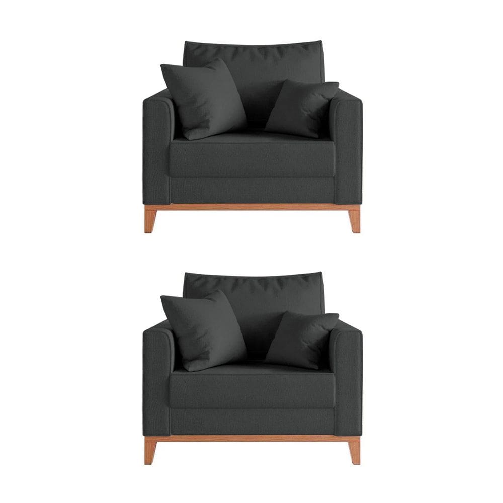 Kit 2 Poltronas Beny para Recepção com 2 Almofadas Veludo Cinza Base em Madeira Maciça
