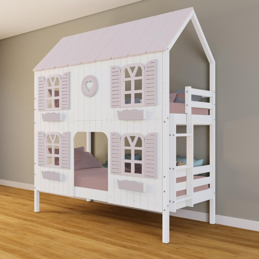 Beliche Casinha Bela com Coração 4 Janelas Venezianas - Madeira Maciça Branco/Rosa | Housin