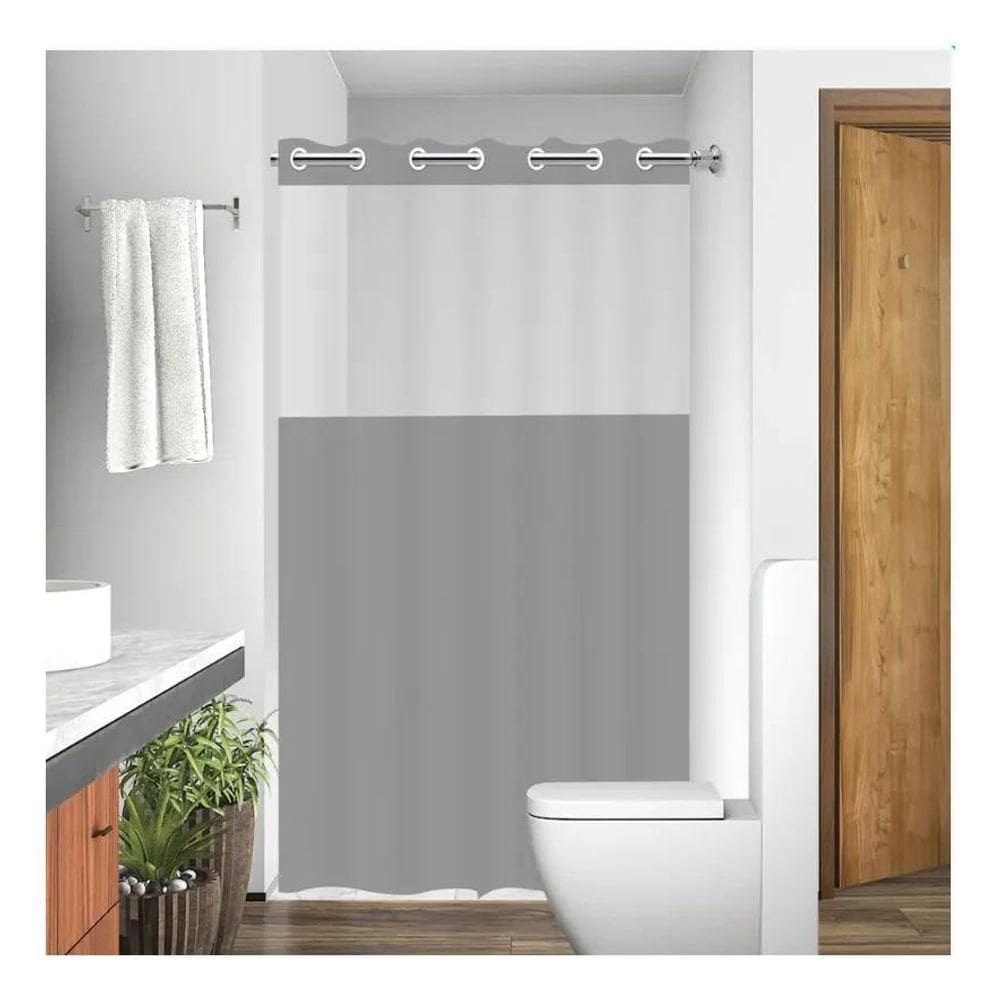 2X Cortina Em Pvc Para Box Antimofo Com Ilhós 1,38X1,98 Cinz