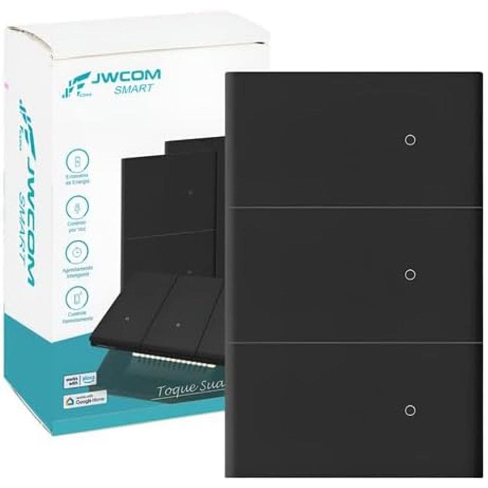 Interruptor Inteligente Tecla Física WIFI 3 Botões PRETO jwcom SA-WF216C-PT Compativel com Alexa