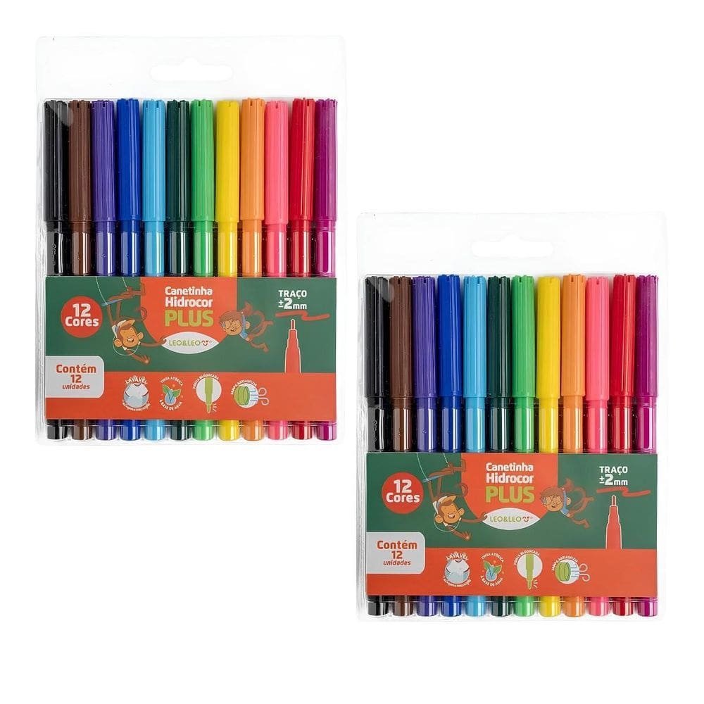Kit 2 Estojos Canetinhas 12 Cores Hidrográficas Plus Leo&Leo