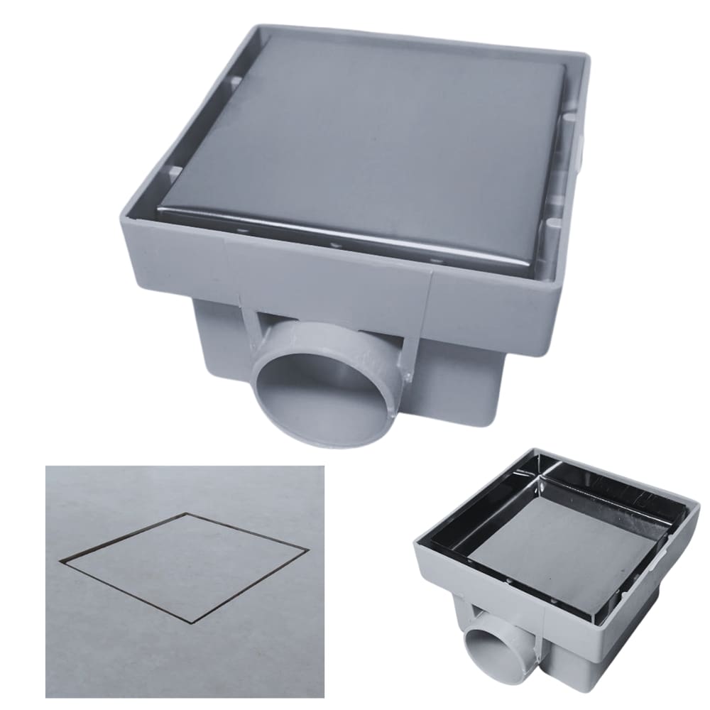 Ralo 10x10 Cinza Oculto 2 em 1 Inox Polido Anti Cheiro Caixa Sifonada Rasa 40mm