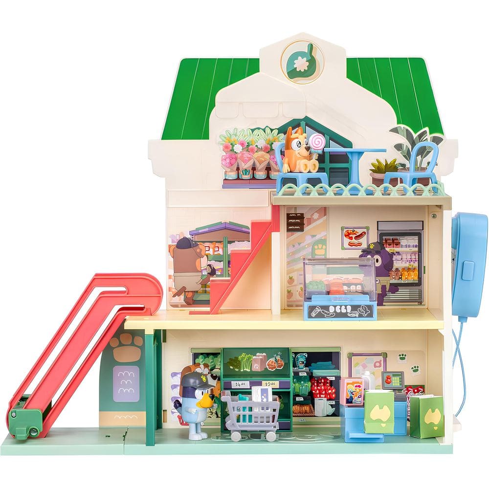 Conjunto de brinquedos de supermercado Bluey e Bingo com escada rolante de 15 peças
