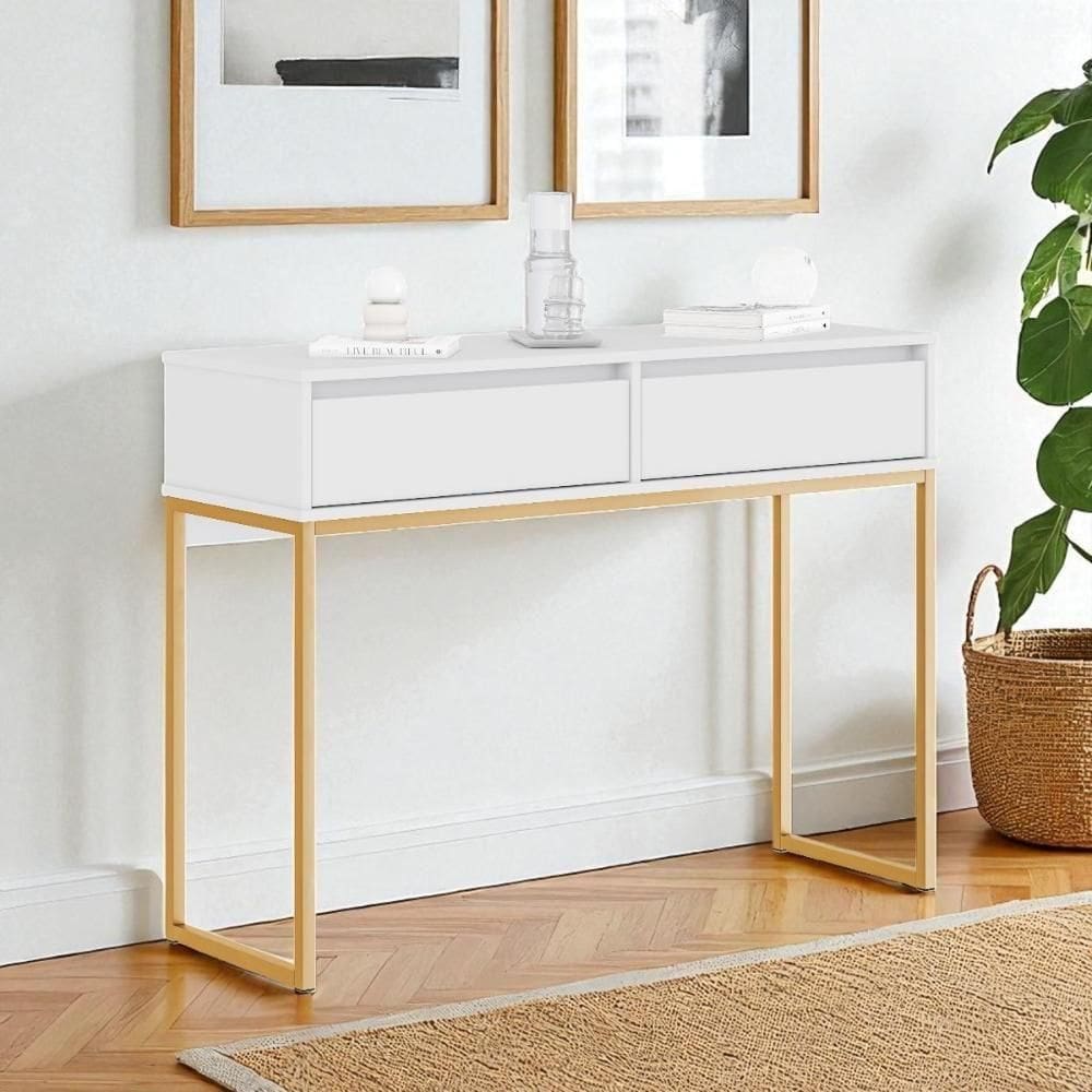 Aparador Moderno Estilo Industrial Com Base Metal 2 Gavetas - Branco Dourado Branco Dourado