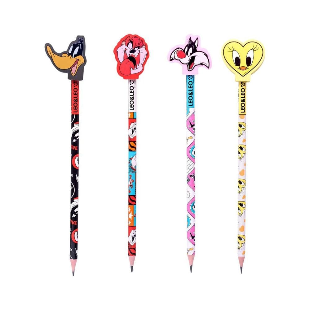 Kit 4 Lápis Hb Com Borracha Escolar Looney Tunes Leo & Leo