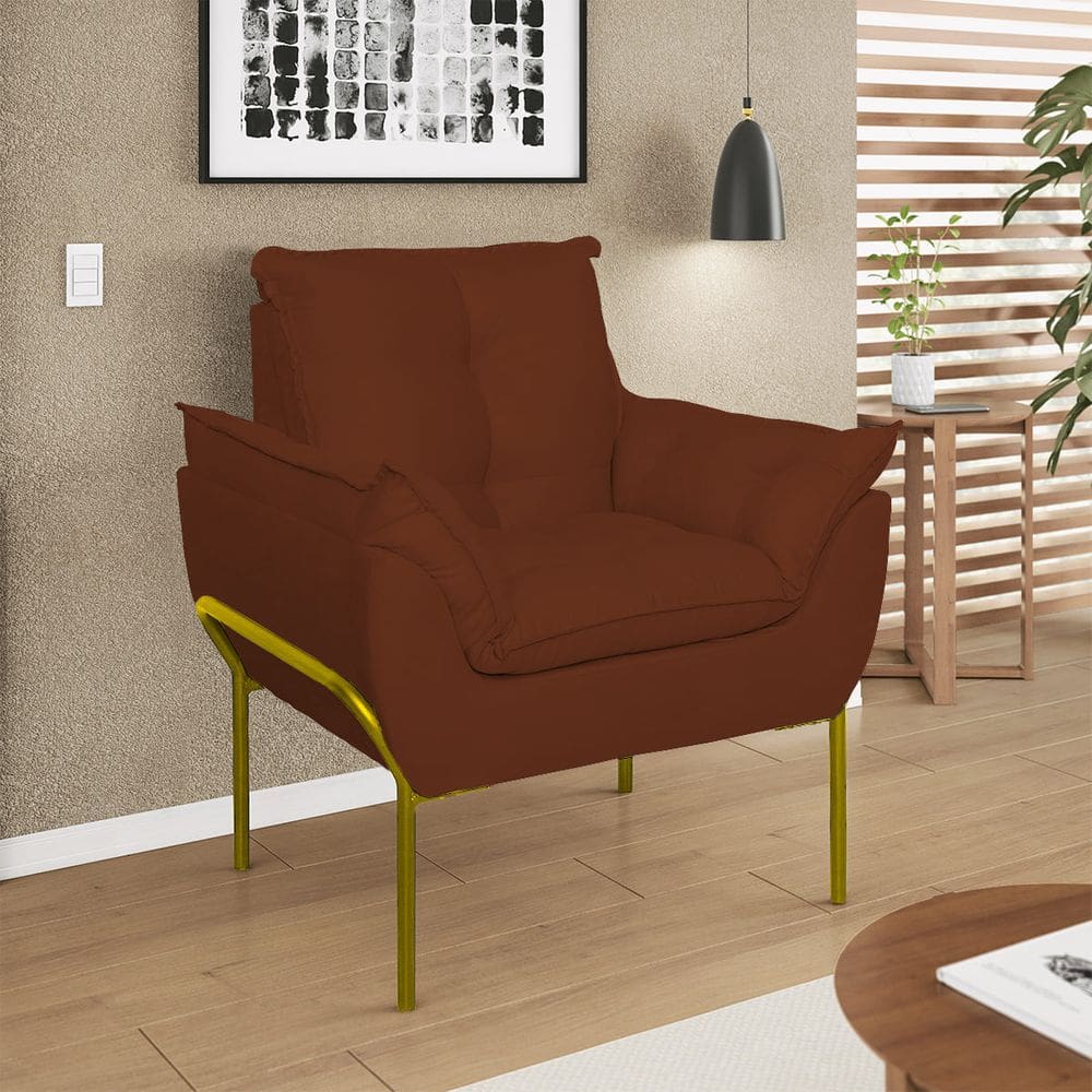 Poltrona Sofá Luxo Base Metal Dourada Recepção Escritório