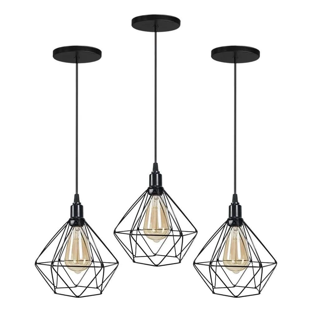 2X Kit 3 Pentende Retrô Industrial Preto Soquete Liso E27