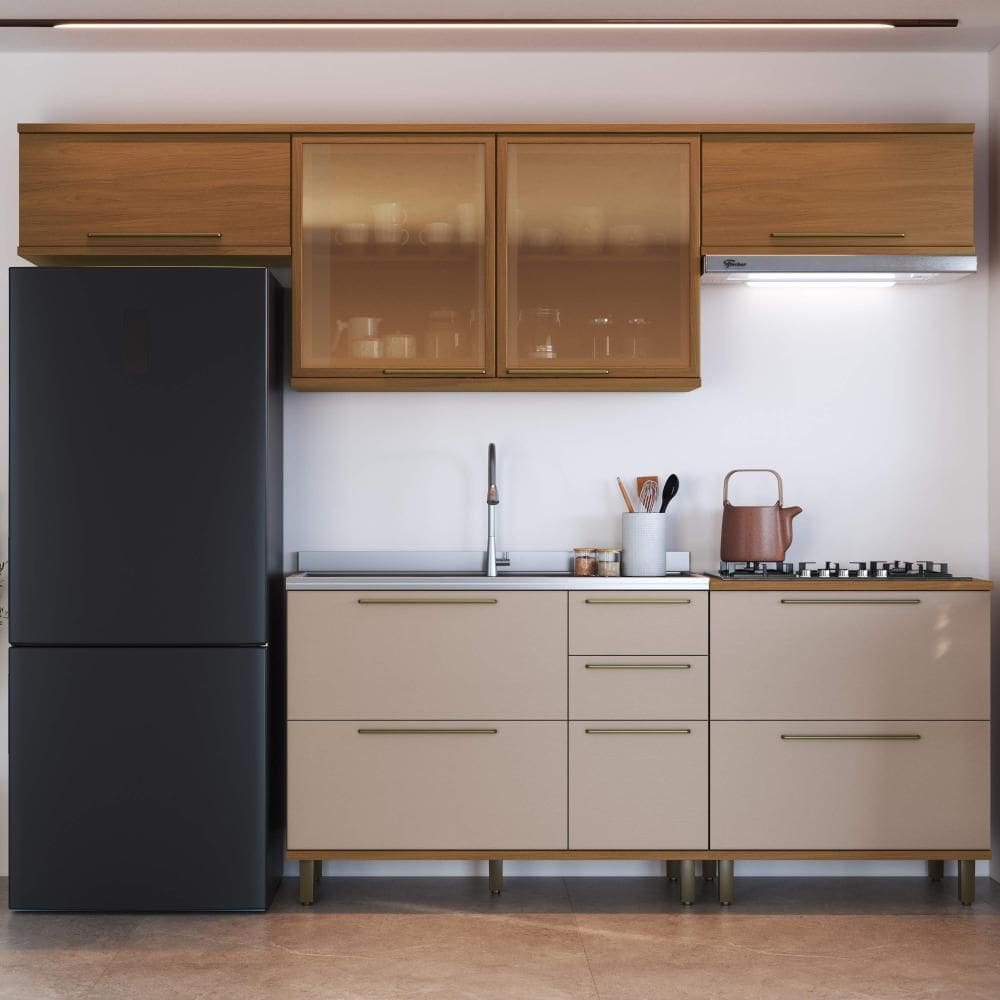 Cozinha Modulada Completa Fidelitá Barcelona 5 Peças 280cm 9 Portas 2 Gavetas Sem Tampo Freijó/Camurça