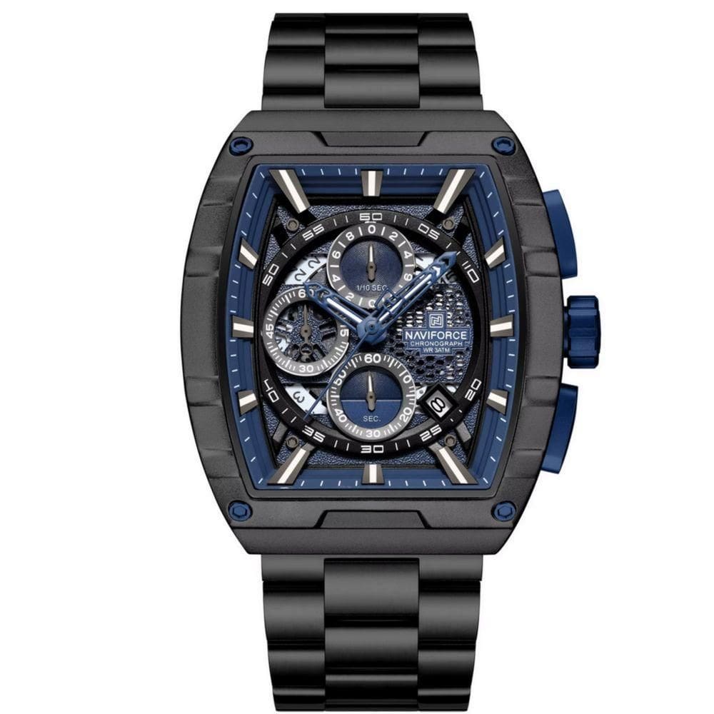 Relógio De Quartzo Masculino Moda Tonneau Aço Inoxidável À Prova Da Água Preto Azul