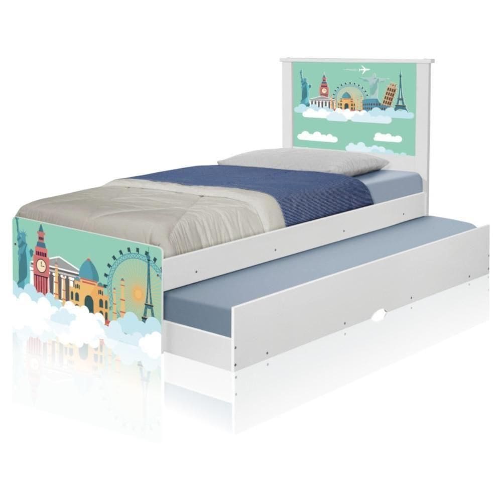 Bicama Juvenil Adesivada Mundo Viagens Com Colchões