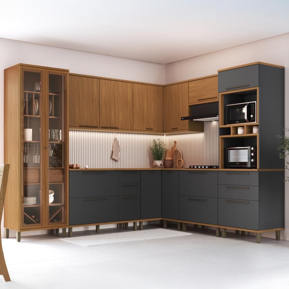 Cozinha Modulada Completa Fidelitá França 8 Peças 524cm 16 Portas 5 Gavetas Com Tampo Freijó/grafite