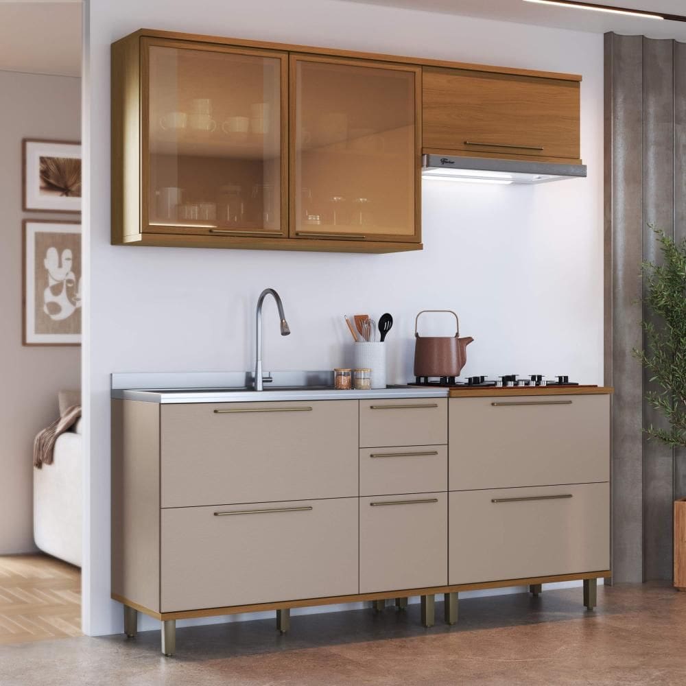 Cozinha Modulada Compacta Fidelitá Barcelona 4 Peças 200cm 8 Portas 2 Gavetas Sem Tampo Freijó/Camurça