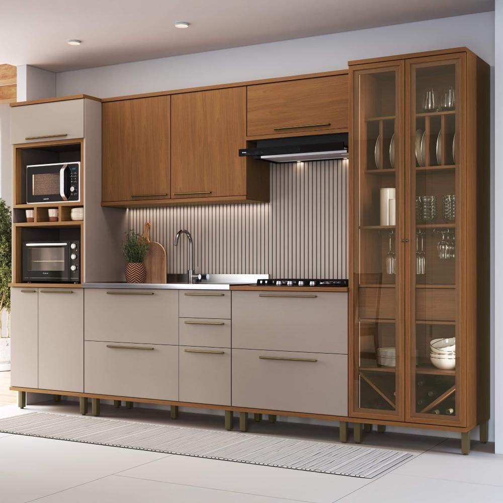 Cozinha Modulada Completa Fidelitá Barcelona 6 Peças 340cm 13 Portas 3 Gavetas Sem Tampo Freijó/Camurça