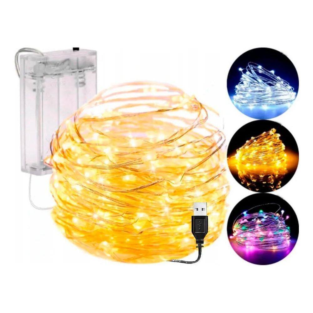 2X Fio Fada Cordão De Led 10M 100 Leds Fixo Pilha Branco Que