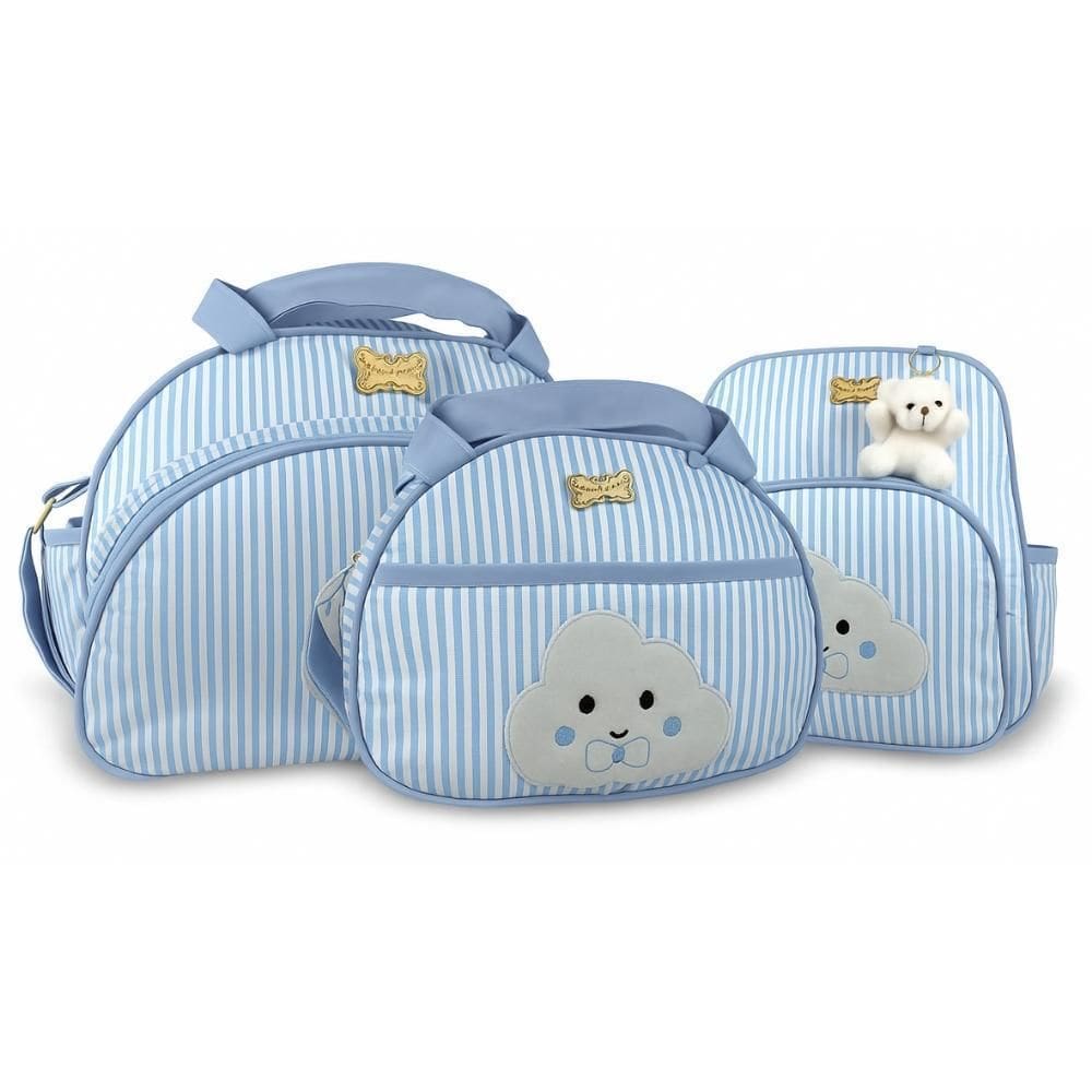 Kit Bolsas E Mochila Listrada Bebê Mave Baby Azul Claro