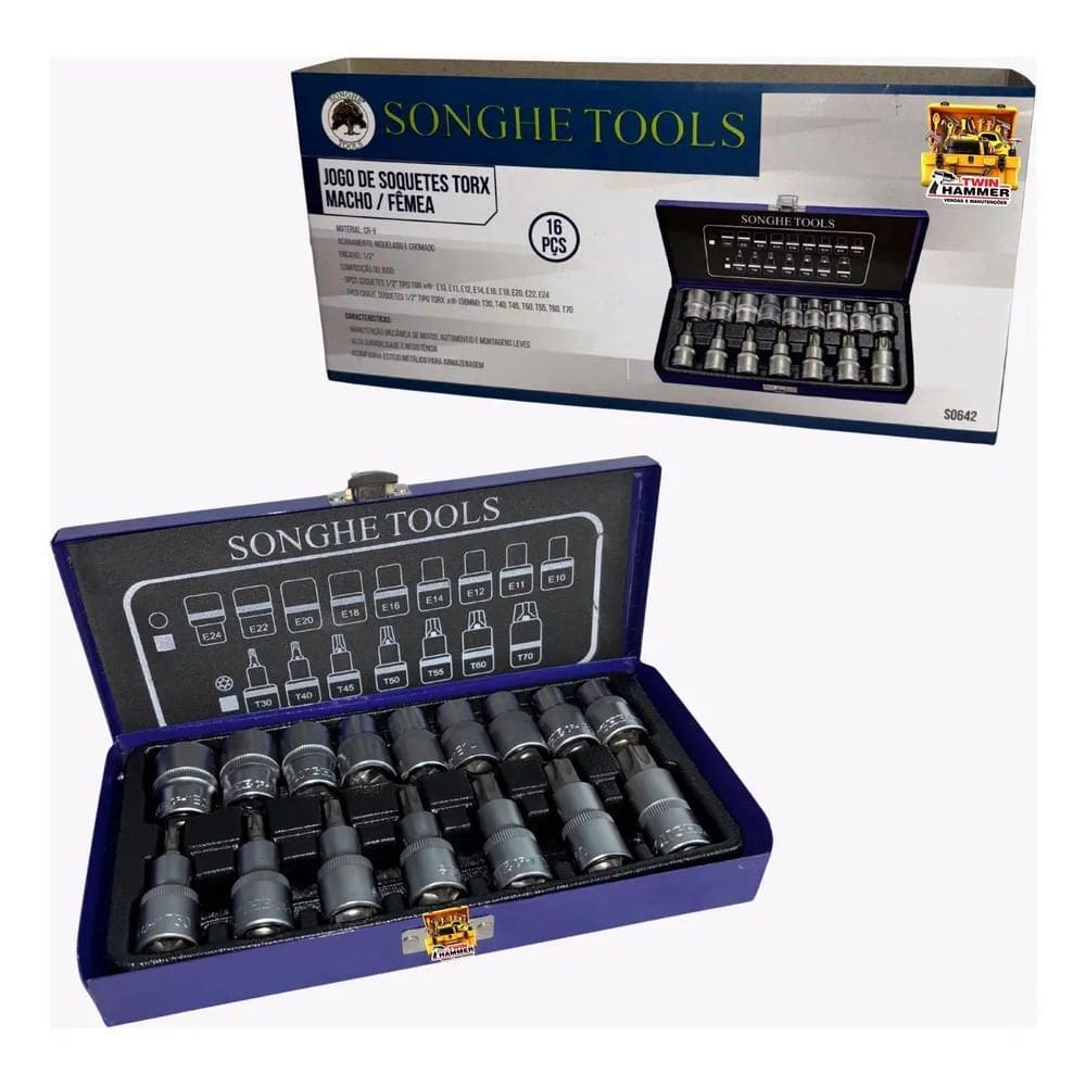 2X Kit Jogo Soquetes Torx Macho / Femea - 16 Peças + Maleta