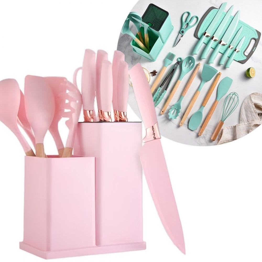 Jogo Utensílios Cozinha Rosa 19 Peças + Facas E Tábua Chef