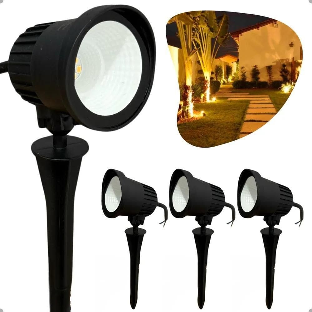2X Kit 3 Luminária Espeto Jardim Cob Led 7W Branco Quente