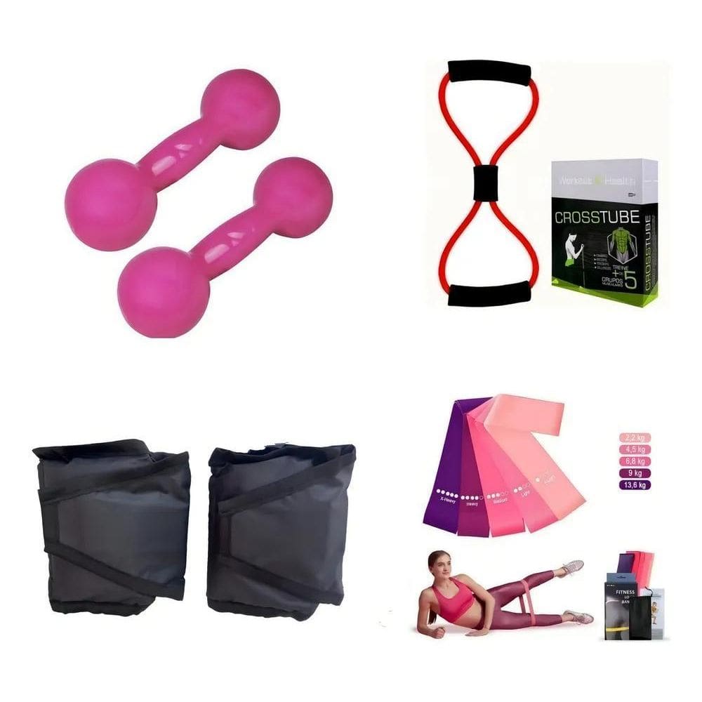 2X Halter 1 Kg Rosa + Caneleira 1 Kg + Elástico + Kit Therab