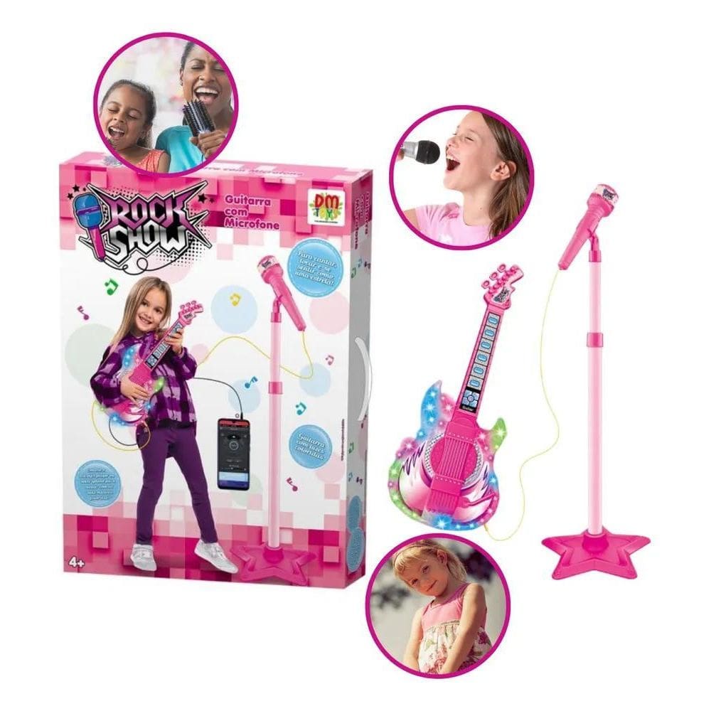 2X Guitarra Com Microfone E Pedestal Infantil Karaokê Som Mp