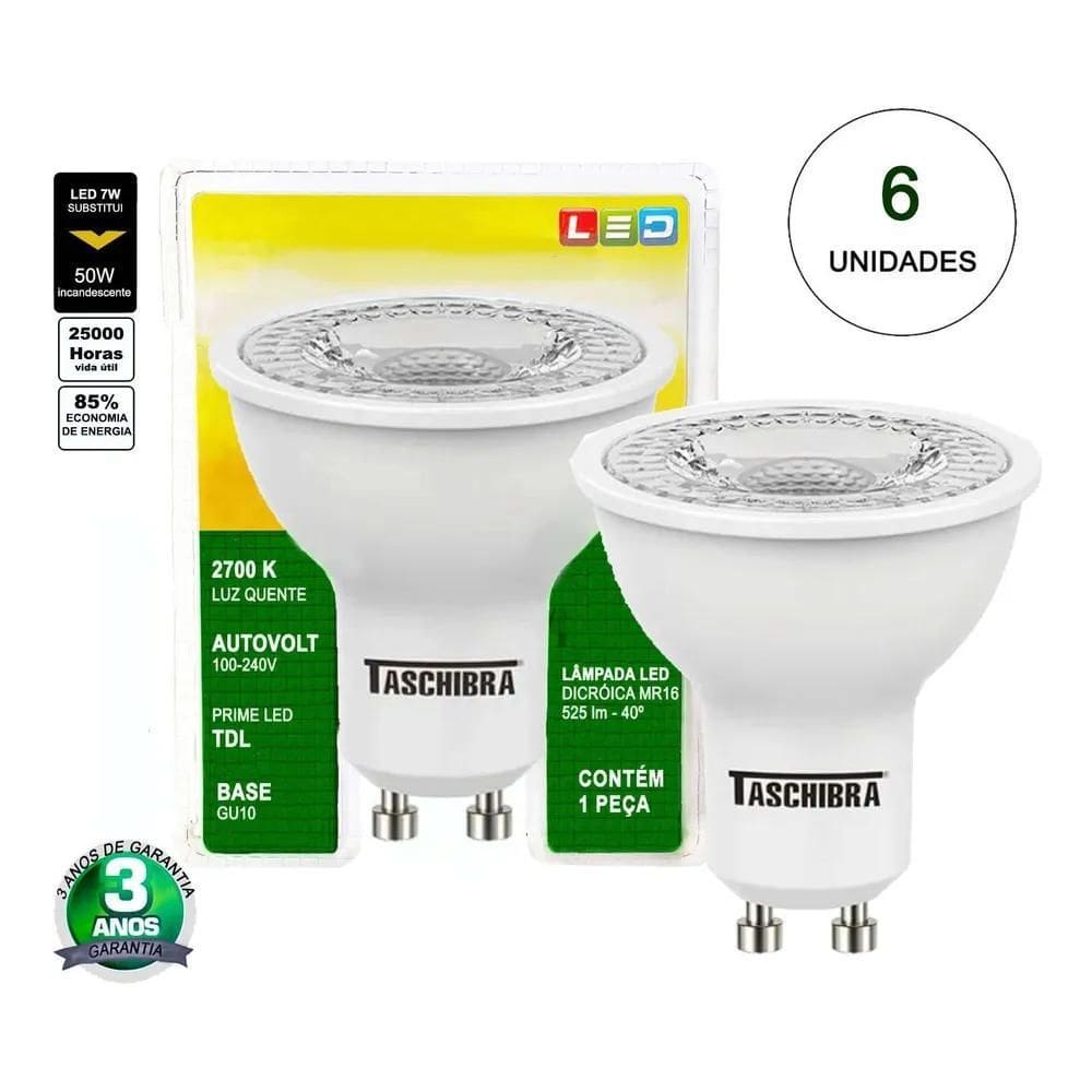 2X Kit 6 Lâmpadas Led Dicroica Mr16 Tdl 50 7W 2700K