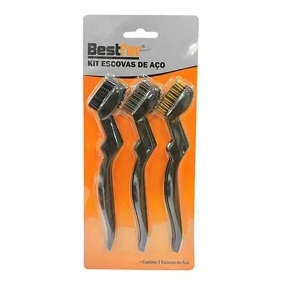 Kit 3 Escovas Aço Cabo Plástico Manual Remoção Ferrugem