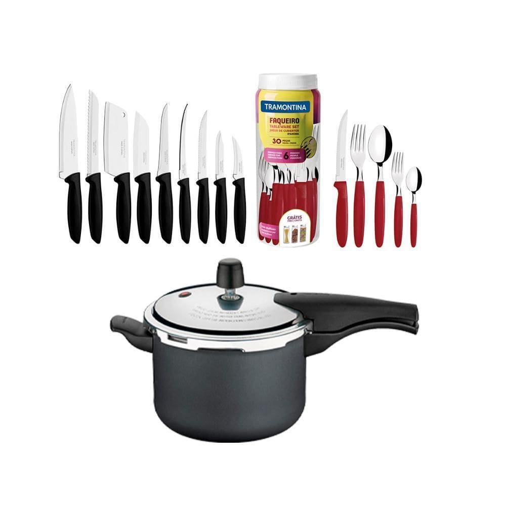 Panela Pressão 4,5 + Faq Verm 30Pç + Cj Facas 9Pç Tramontina