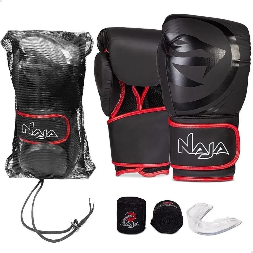 2X Kit Luva Muay Thai Boxe Naja Black Line Com Bucal E Banda
