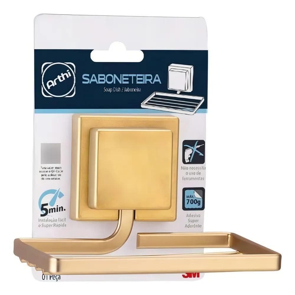 Saboneteira Aço Dourado Fixação Adesivo Fita 3M Sabonete