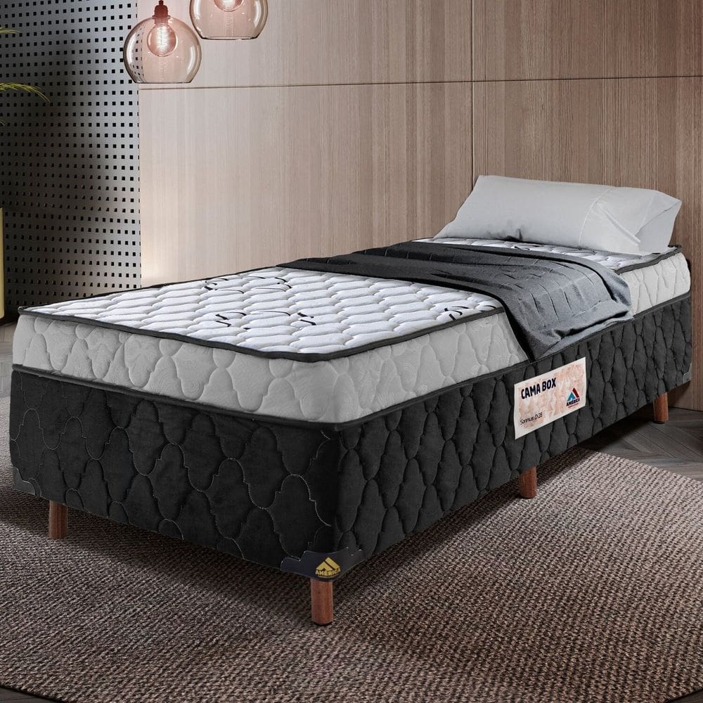 Cama Box Solteiro Espuma D-28 100% Poliéster 88x52cm Sonnus Branco / Preto Fosco