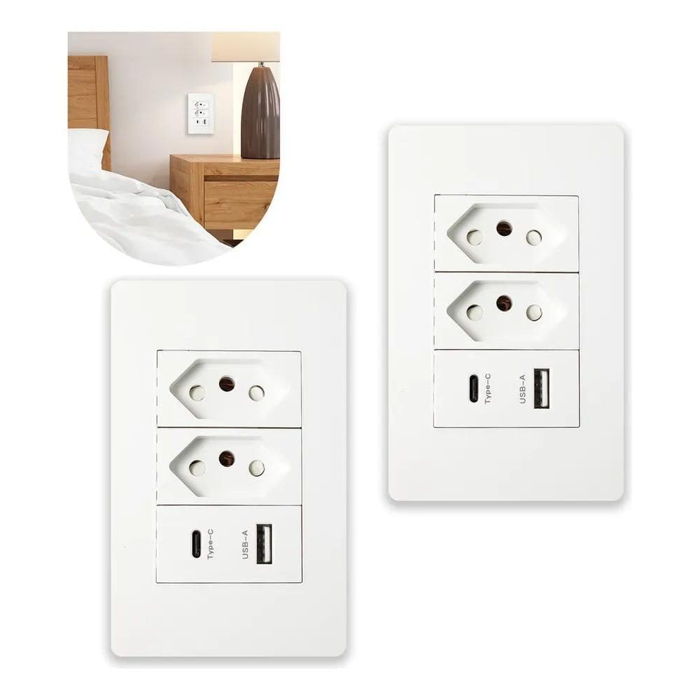 2X Kit 2 Tomada Dupla Parede Entrada Usb E Tipo C Branco Tm0