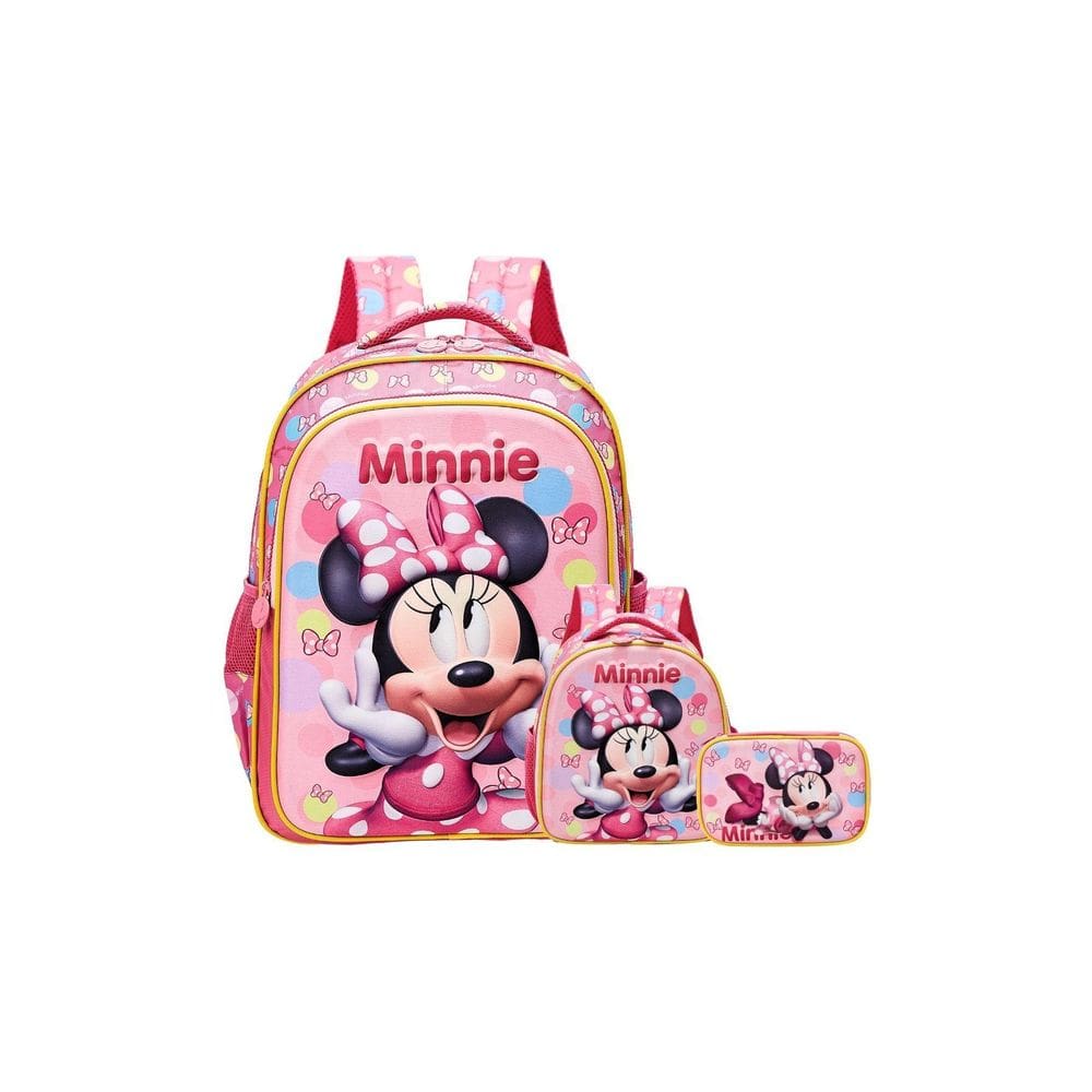 Kit Minnie Mouse Mochila Costas+Lancheira Térmica+Estojo Box