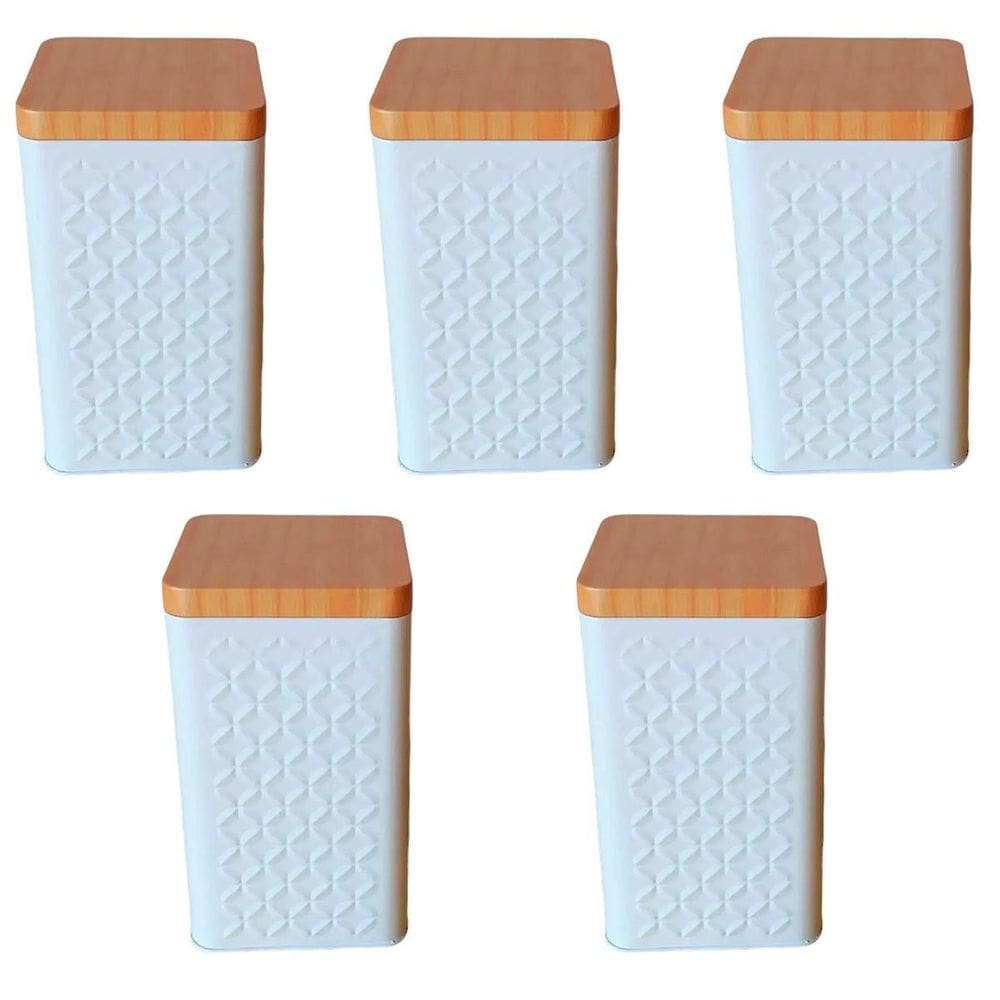 Kit 5 Potes Latas Porta Mantimento Tampa Bambu Café E Açucar